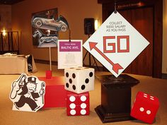 some dices and signs on display in a room