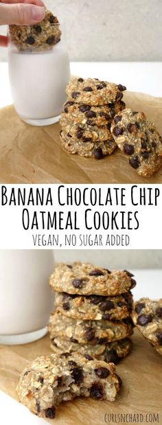 banana chocolate chip oatmeal cookies are stacked on top of each other and ready to be eaten