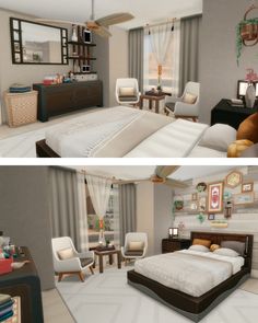 two pictures of the same bedroom in different stages of being decorated with furniture and decor