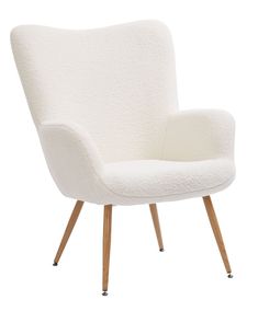 a white chair with wooden legs and a seat cushion on top of the armrests