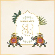 two elephants with decorative designs on their backs and the letter sr in gold, surrounded by greenery