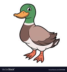 a cartoon duck with an orange beak and brown head, standing on one leg in front of