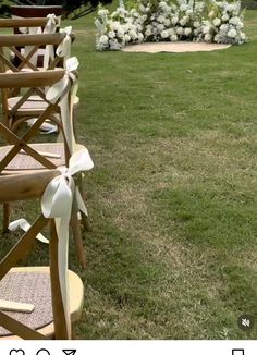 rows of wooden chairs with bows tied to them in the grass at a wedding ceremony