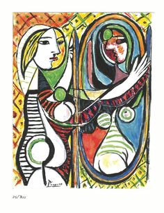 a drawing of two women in front of a mirror