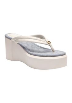 Crafted from faux leather for an exceptionally chic look, these sandals from COACH are elevated on a 3.25'' heel for a stylish touch. | COACH Women's Signature Jacquard Franki Thong Flip Flop Sandals, 9M Designer Sandals, Chic Look, Flip Flop, Flip Flop Sandals, Flip Flops, Faux Leather, Women Shoes, Sandals, Heels