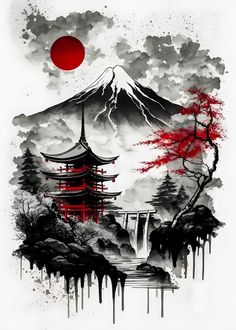 Art Diary Ideas Creative Iconic Poster, Japanese Temple, Japanese Artwork, Japon Illustration, Chinese Landscape, Japanese Landscape, City Poster, Simple Acrylic Paintings, Landscape Poster