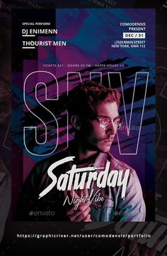 a flyer for a night club with a man in glasses and the words saturday on it