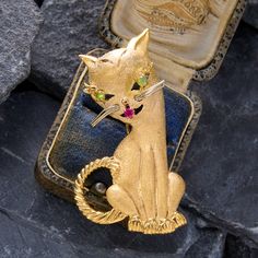 This striking brooch depicts a seated cat with a ruby in its mouth and cat's-eye chrysoberyl cabochon eyes. The body of the cat has a sandblasted finish that contrasts with the high polish on the ears, tail, and paws. The brooch is entirely 14k yellow gold and has a locking safety clasp for security. Mid-century Yellow Gold Brooch For Gifts, Gold Cat Design Brooches For Gift, Egypt Jewelry Cat, Vintage Cat Jewelry, Vintage Silver Cat Design Jewelry, Brand Presentation, Green Chalcedony, Cat Brooch, Cat Jewelry