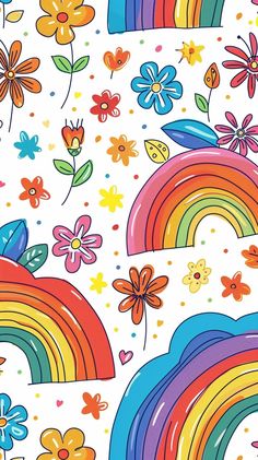 colorful flowers and rainbows on a white background