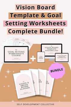 the vision board template and goal setting worksheets complete bundle is shown in pink