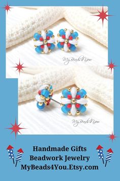 Red White Blue Beaded Post Earrings, Patriotic Jewelry, Seed Bead Stud Earrings 4th of July Holiday Decorations, Gift for Her Birthday - Etsy Blue Earrings With Spacer Beads For Gift, Blue Earrings For Christmas Gift, Seed Bead Stud Earrings, Bead Stud Earrings, Patriotic Jewelry, July Holidays, Gift For Her Birthday, Bead Work Jewelry, Kids Decor