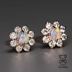 Classic Halo Design Australian Opal & Diamonds Stud Earrings 14K Yellow Gold This design uses 1.5mm diamonds to enhance the beauty of the opals and bring extra shine to the earrings. Free Domestic USPS First Class Shipping! Free One Year Limited Warranty! Free Gift Bag or Box with every order! Opal—the queen of gemstones, is one of the most beautiful and rarest gemstones on earth. Every piece of opals has its colors and patterns, which is perfect for designers to create unique engagement rings f Opal Earrings For Wedding, Fine Jewelry Opal Earrings For Anniversary, Opal Earrings For Anniversary - Fine Jewelry, Anniversary Opal Earrings Fine Jewelry, Rarest Gemstones, Jewelry For Couples, Promise Jewelry, Opal Birthstone, Australian Black Opal