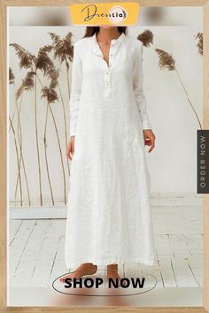 Loose Long Sleeve Shirt Dress Vestidos Retro, Button Shirt Dress, Kurti Neck, Loose Maxi Dress, Casual White Dress, Womens Fall Dress, Cotton Linen Dresses, Nyc Shopping, Linen Shirt Dress