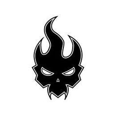 a black and white image of a demon head with flames on it's face