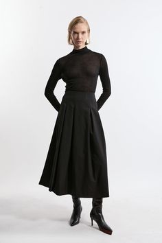 Feel Confident In Our Midi Skirt, Made In Classic Twill Fabric, Featuring A High Waistline That Cinches The Silhouette, And A Formal, Flowing Silhouette. Style It With A Blouse And Court Heels Or Ankle Boots For A Look Perfect For Office Days, Then Wear It With The Matching Top And Loafers For An Elevated Daytime Look. Tailored Twill Full Midi Skirt High Quality Twill Fabric Flattering Flared Silhouette Comfortable High Waistline Zip Fastening In Back Matching Shirt Sold Separately Midi Skirt With Boots, Black Cotton Pleated Midi Skirt, Black A-line Relaxed Fit Skirt, Black Mid-rise Cotton Skirt, Black Voluminous A-line Skirt, Petite Work Outfits, Petite Wedding Guest Dresses, Luxury Black Midi-length Pleated Skirt, Outfits Petite