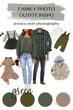 the family photo outfit inspo is shown with green and brown colors, including two different outfits