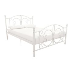 a white metal bed frame with two pillows