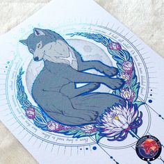 an image of a wolf sitting on top of a flowery circle with the moon in the background