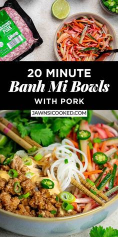 This 20 Minute Vietnamese-inspired Pork Banh Mi Bowl recipe is loaded with seasoned and saucy ground pork, scallions, pickled veggies, rice noodles, spicy mayo and fresh herbs for a quick and easy way to enjoy the flavors of a classic Banh Mi any night of the week!