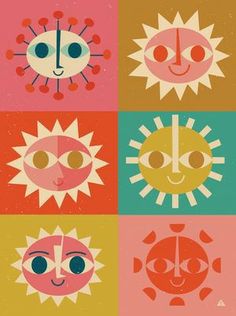 four different types of sun with faces and eyes on them, all in different colors