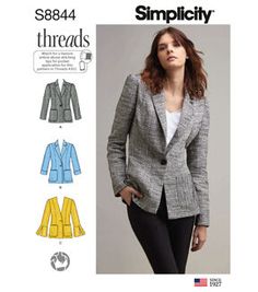 a women's blazer jacket and pants sewing pattern, with the words simpliciity on it