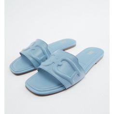 Leather Flat Sandals With Textured Detail. Airfit. Flexible Technical Latex Foam Insole, Designed To Offer Greater Comfort. Sole Height: 1 Cm. / 0.3″ Blue Sandals Flat, Trendy Blue Leather Sandals, Blue Strappy Heels, Zara Flats, Fabric Sandals, Zara Sandals, Fur Sandals, Mesh Heels, Green Sandals