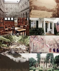 several different pictures of houses and trees in the country side, including an american flag