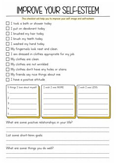 a selfie checklist with the words improve your self - system written in yellow