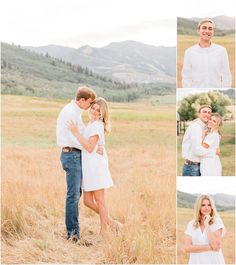 a man and woman standing in a field with mountains in the background at their engagement session