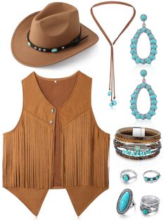 PRICES MAY VARY. Western Cowgirl Costume: this woman cowgirl outfit includes 1 tasseled sleeveless vest, 1 cowgirl hat, 1 turquoise necklace, 1 bracelet, 1 pair of earrings and 4 turquoise rings, western style combination enough to meet your decoration needs Fringe Suede Vest: the fringe outfit for women is mainly made of artificial suede fabric, soft and breathable, classic, easy to match western pattern T-shirt, to create a casual style; The vest is available in different sizes, including larg Plus Size Womens Western Wear, Womens Western Costume, Plus Size Western Wear Rodeo, Pkus Size Western, Pluz Size Western, What To Wear To A Country Concert Fall Plus Size, Western Style Womens Clothing, Glamorous Cowgirl Outfits, Cowgirl Country Outfits