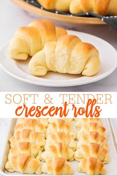 soft and tender crescent rolls on a white plate with text overlay that reads soft and tender crescent rolls