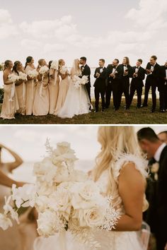 the bride and grooms are standing in front of their bridal party with white flowers