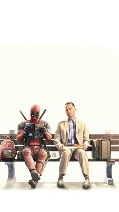 two men sitting on a bench next to each other in front of a deadpool