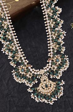 Gutha Poosalu Necklace, Green Guttapusalu, Gutta Pusalu Jewellery, Diamond Long Haram, Haaram Designs, South Jewellery, Beaded Wedding Jewelry, Heavy Jewelry