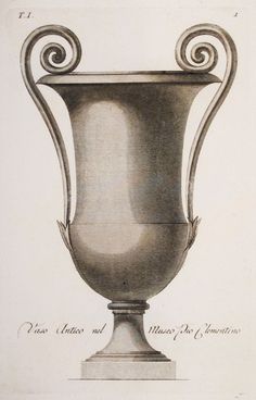 an antique drawing of a large vase with scrolled designs on the top and sides