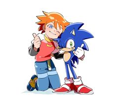 two cartoon characters hugging each other in front of a white background with the words sonic and tails