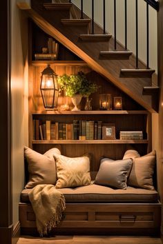 a set of stairs leading up to a living room with a couch and bookshelf