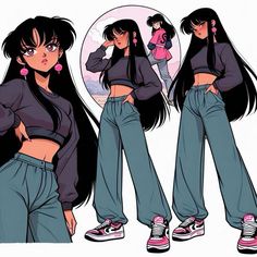 an anime character with long black hair wearing blue jeans and pink converse shoes, standing in front of a mirror