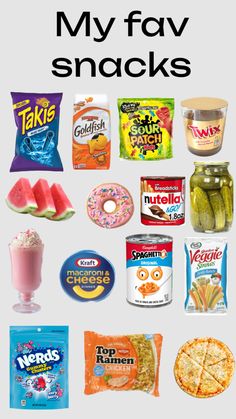 some food and snacks are shown with the words myfov snacks