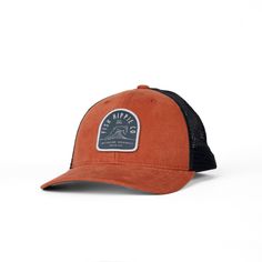 Brick Cotton Trucker Hat With Curved Brim For Camping, Casual Orange Trucker Hat For Outdoor, Orange Curved Brim Trucker Hat For Outdoor, Orange Cotton Hats For Outdoor, Adjustable Orange Hat With Curved Bill, Orange Adjustable Trucker Hat With Curved Bill, Orange Snapback Hat With Curved Brim For Outdoor, Orange Curved Brim Snapback Hat For Outdoor, Casual Brown Trucker Hat For Fishing