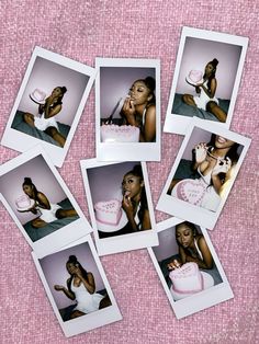 several polaroid photos of a woman holding a cake