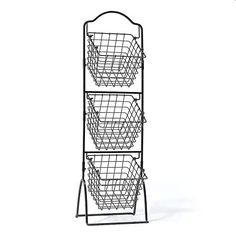 three tiered metal basket stand with four baskets