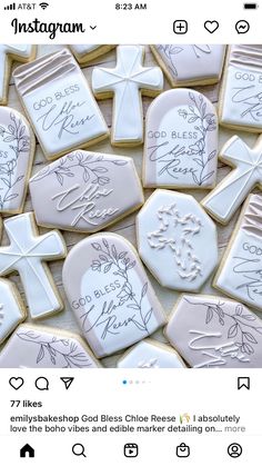 cookies decorated with white icing and handwritten messages are displayed on instagrams