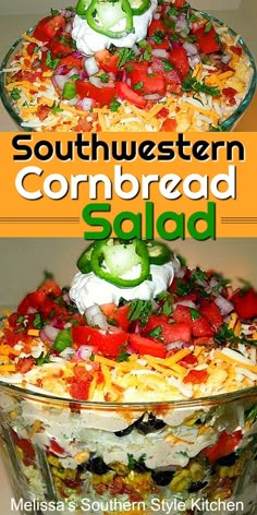 two servings of cornbread salad with tomatoes, onions and green peppers on top