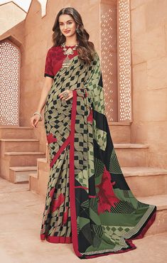 This Saree is Ready to Wear (With Fall and Pico Done). A designer saree Olive Green & Red in color. It has intricate design all over the saree. This saree is a suitable amalgamation of style and grace that is required from an ethnic wear. The saree is ideal for any formal gathering. The saree comes with an unstitched blouse of corresponding color and design as shown in the picture. Crepe Designer Olive Green & Red Color Saree Fabric Type: CrepePrimary Color: Olive GreenSecondary Color(s): - RedS Red Color Saree, Saree In Black, Vs Image, Sequence Blouse, Indo Western Gown, Saree Petticoat, Full Sleeve Blouse, Crepe Silk Sarees, Saree Jewellery