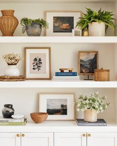 white shelves with pictures and plants on them