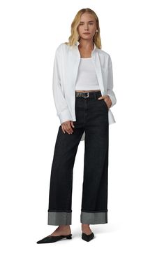 Polished details like slanted pockets and wide cuffs elevate the casual style of these low-stretch, ankle-grazing wide-leg jeans. 28" inseam; 21" leg opening; 11 1/2" front rise Zip fly with button closure Front slant pockets; back patch pockets 99% cotton, 1% spandex Machine wash, tumble dry Imported Classic High Rise Wide Leg Pants, Classic Mid-rise Wide Leg Pants With Five Pockets, Chic Relaxed Fit Flare Jeans With Pockets, Wide Leg Flare Jeans For Elevated Casual Occasions, Spring Wide Leg Pants With Button Cuffs, Chic Relaxed Fit Flare Jeans For Work, Casual Flare Jeans With Belt Loops For Work, Modern Wide-leg Flare Jeans For Work, Spring Flare Jeans With Straight Hem