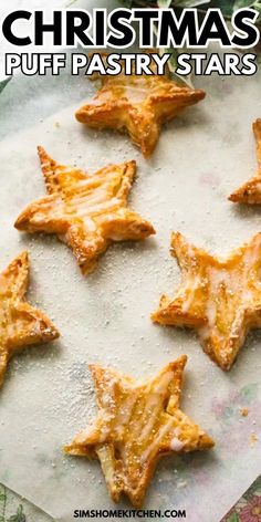 christmas puff pastry stars on a baking sheet with text overlay that reads, christmas puff pastry stars