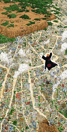 a man flying through the air on top of a map with lots of buildings and trees