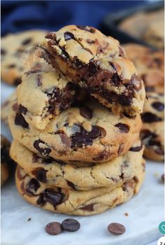 chocolate chip cookies stacked on top of each other